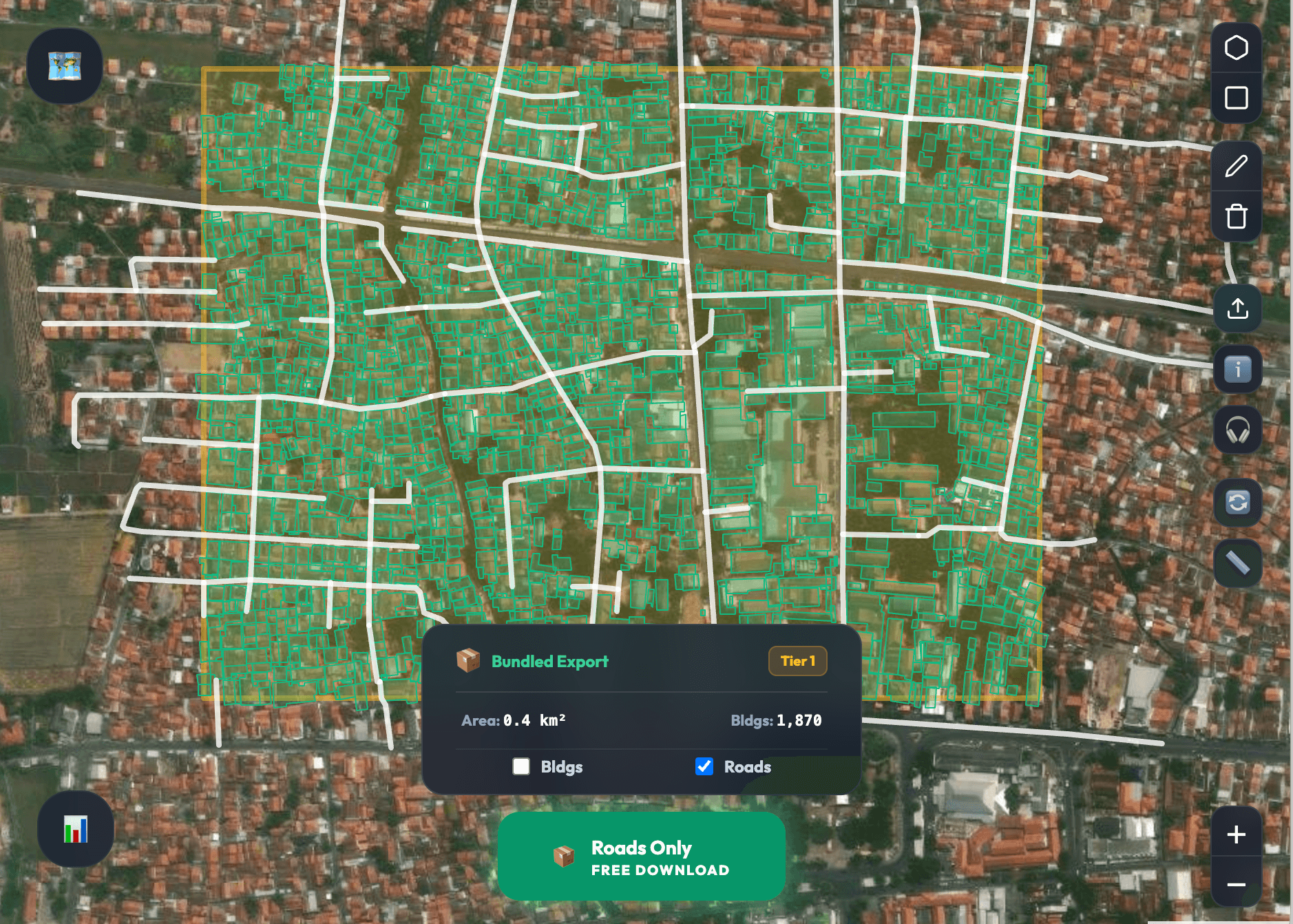 SND Earth displaying automatically mapped building footprints and roads with export controls